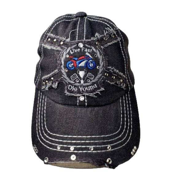Live Fast Die Young Charcoal Denim Distressed Cap with Stud& Swarovski Crystals. - Picture 3 of 6